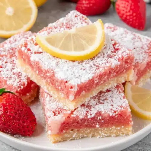 Sugar free strawberry lemonade bars with powdered sugar and lemon slice