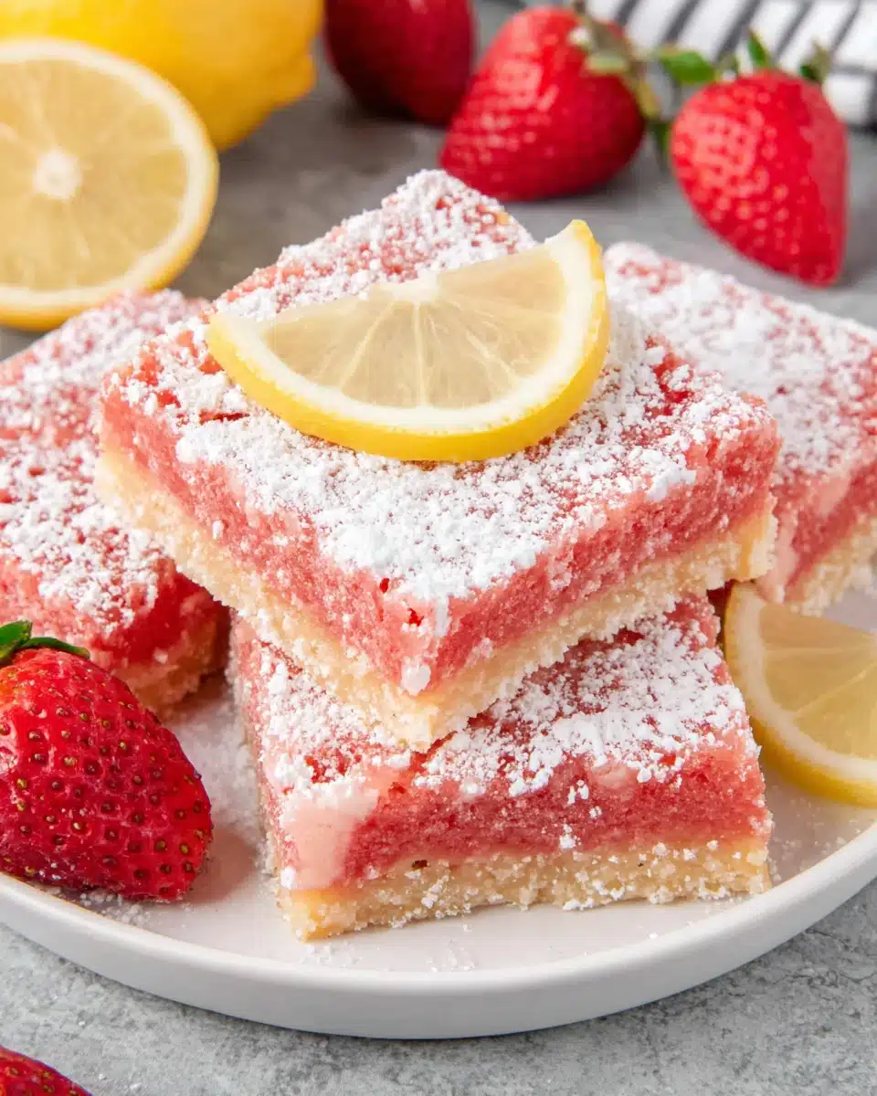 Sugar free strawberry lemonade bars with powdered sugar and lemon slice
