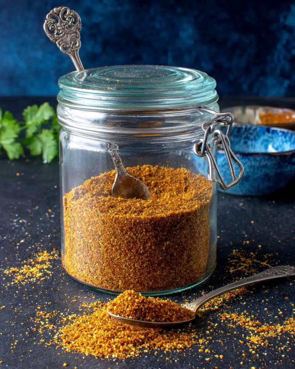 Homemade taco seasoning with a spoon in a jar.
