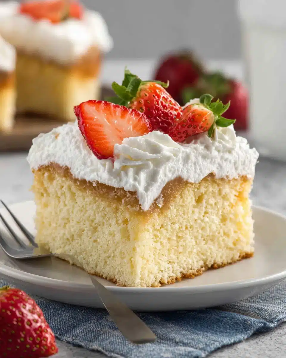 Slice of tres leches cake with strawberries and cream.