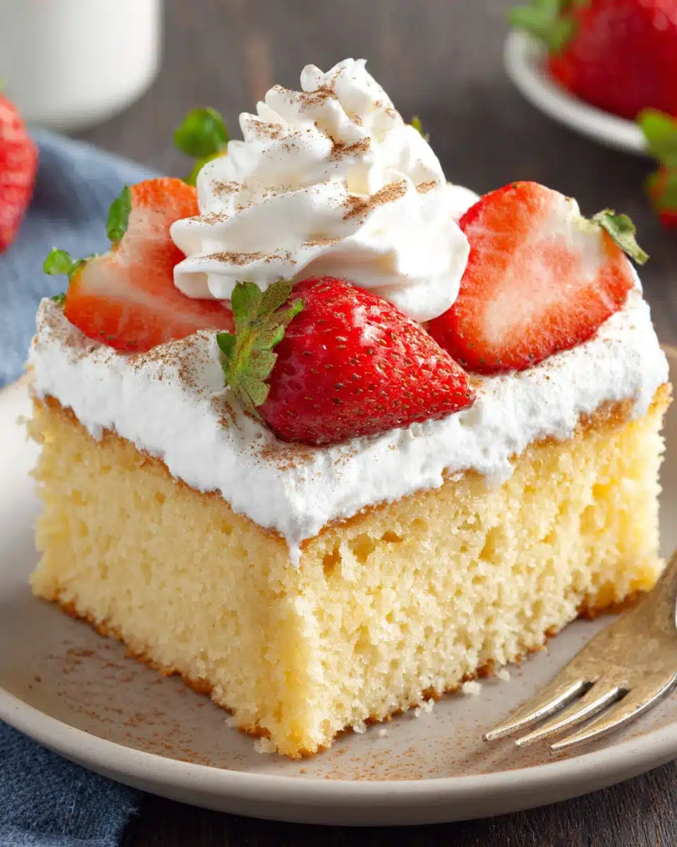 Delicious tres leches cake slice with strawberries.