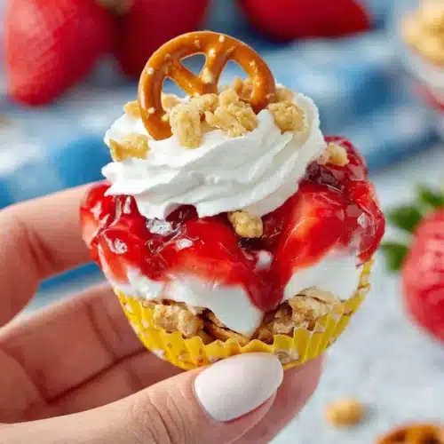 Walking strawberry pretzel salad in a mini pretzel bag with strawberry topping and whipped cream