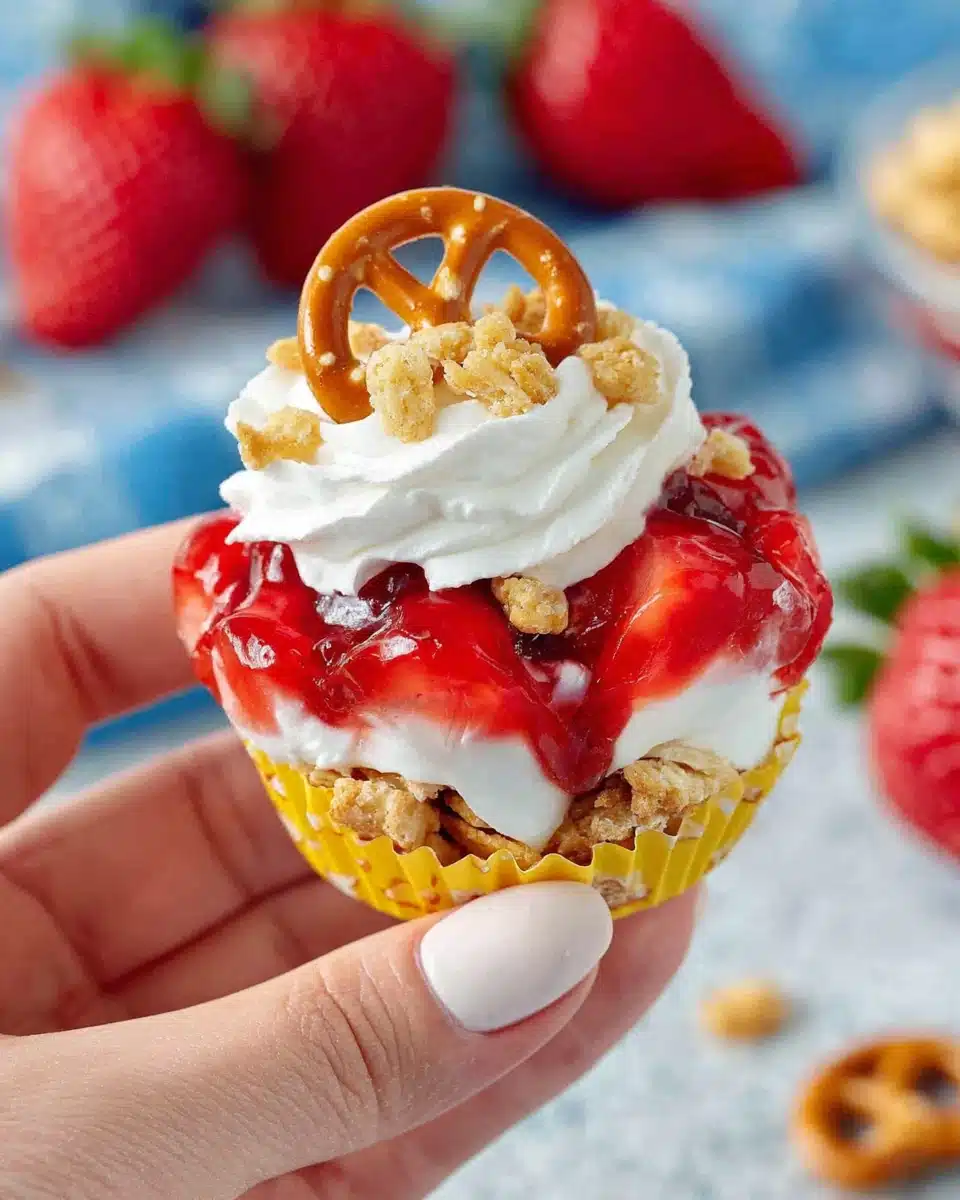 Walking strawberry pretzel salad in a mini pretzel bag with strawberry topping and whipped cream