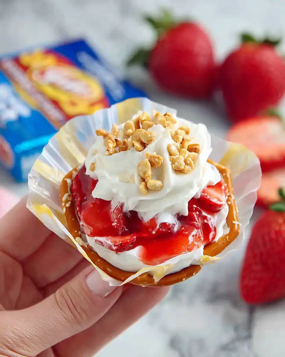Hand holding walking strawberry pretzel salad in a mini pretzel bag with strawberries and whipped cream