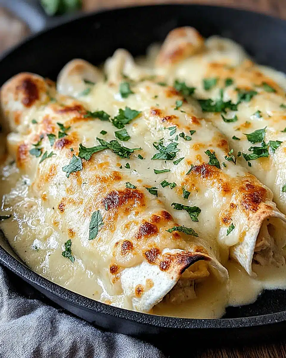 Delicious white chicken enchiladas served hot with cilantro.