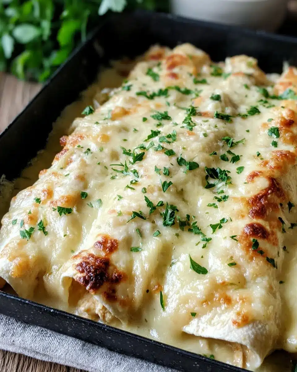 Creamy white chicken enchiladas ready to serve
