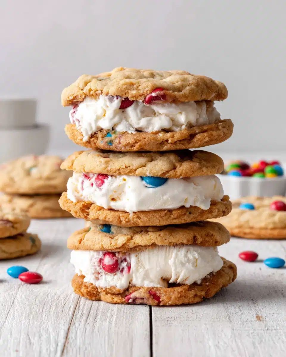 4th of July cookies with M&Ms stacked as ice cream sandwiches, red white and blue candies visible