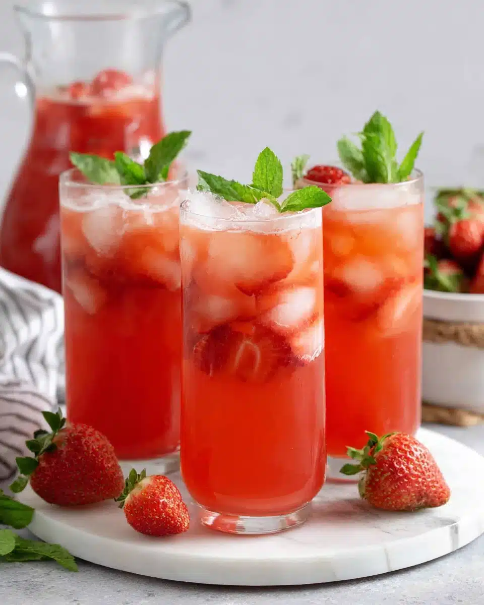 Refreshing agua de fresa in glasses with ice, strawberries, and mint garnish