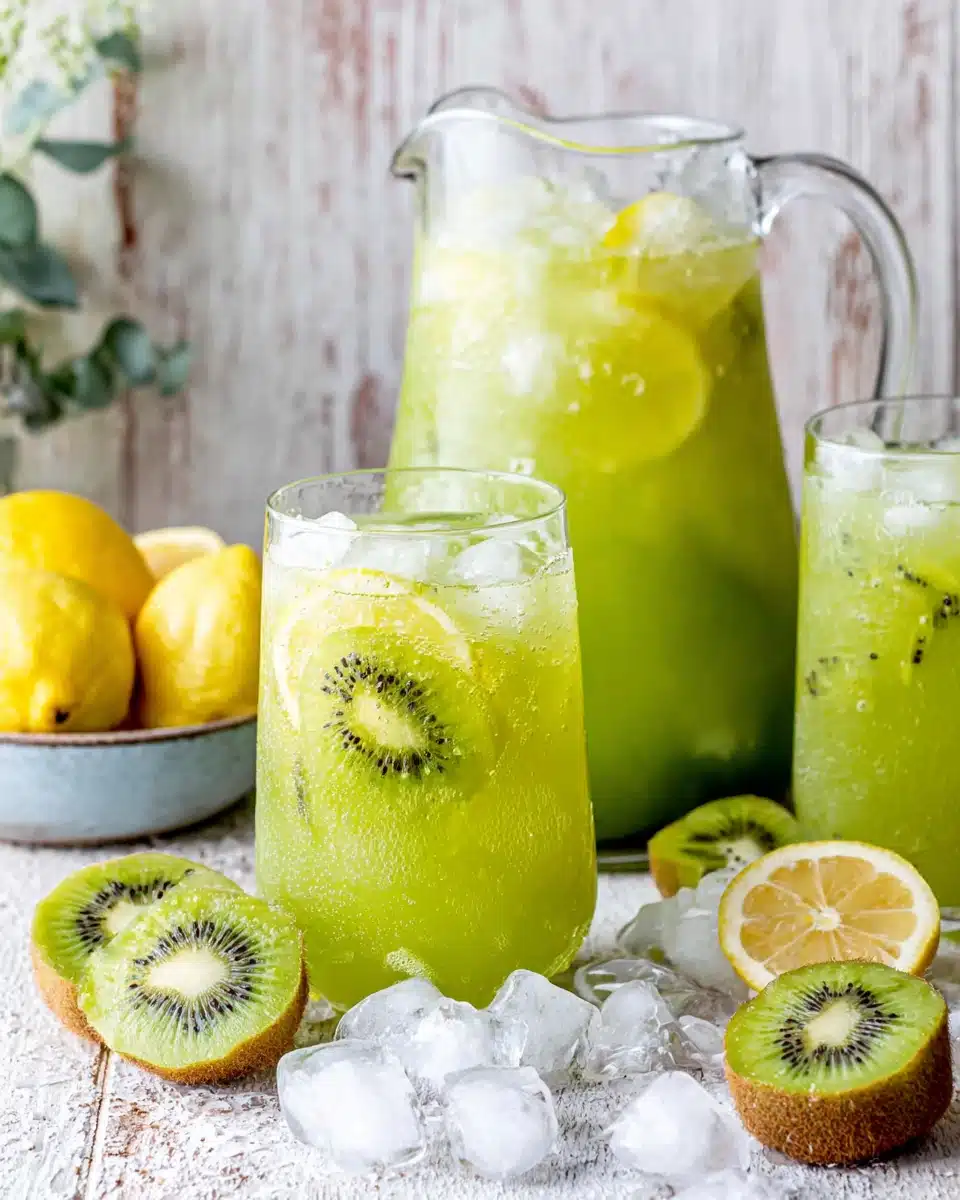 Refreshing agua de kiwi in a pitcher and glasses with lemon and ice