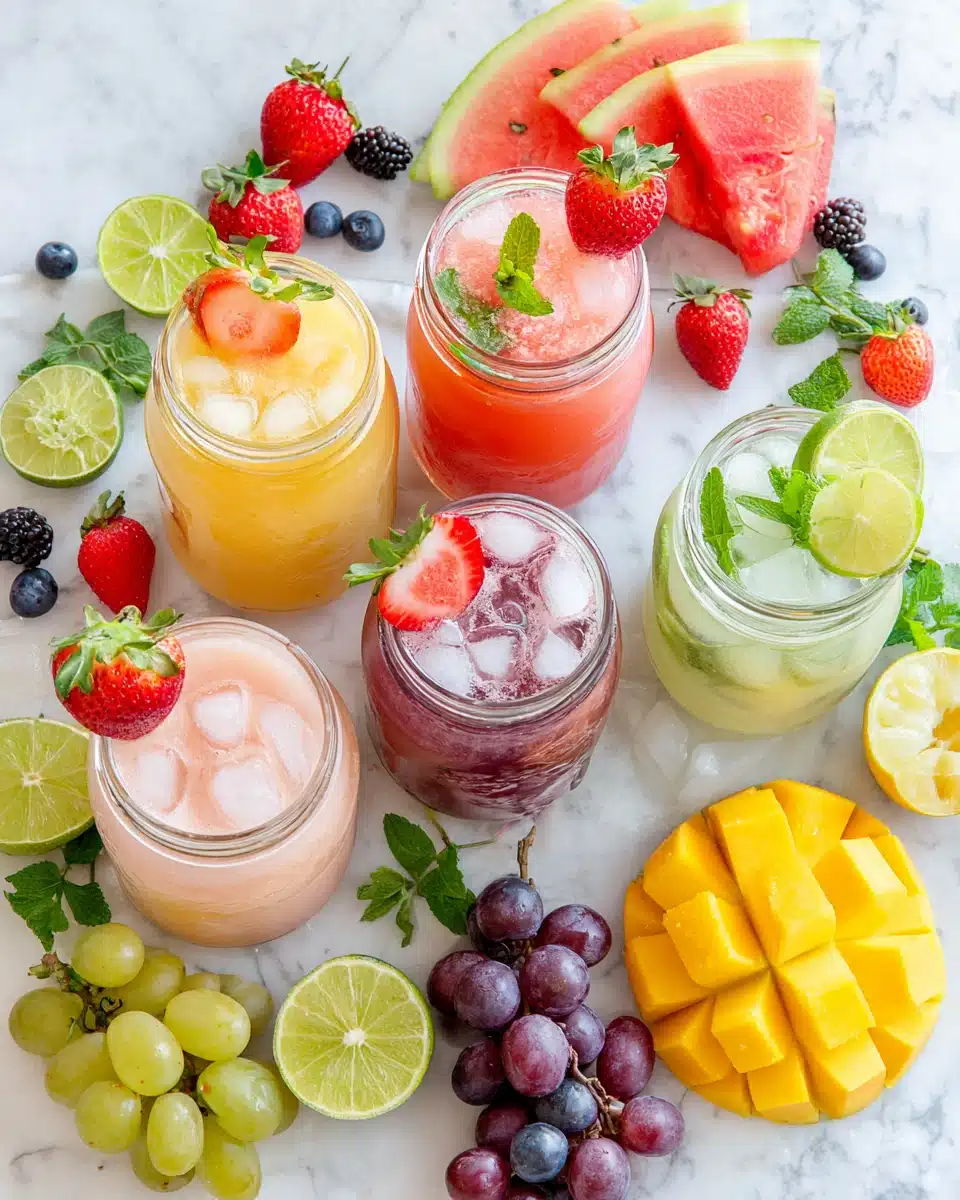 Colorful agua frescas with fresh fruit garnishes on marble