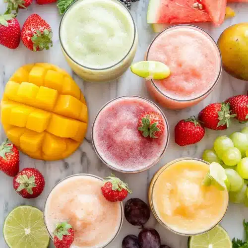 Colorful agua frescas with fresh fruit garnishes on marble