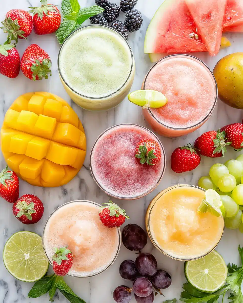 Colorful agua frescas with fresh fruit garnishes on marble