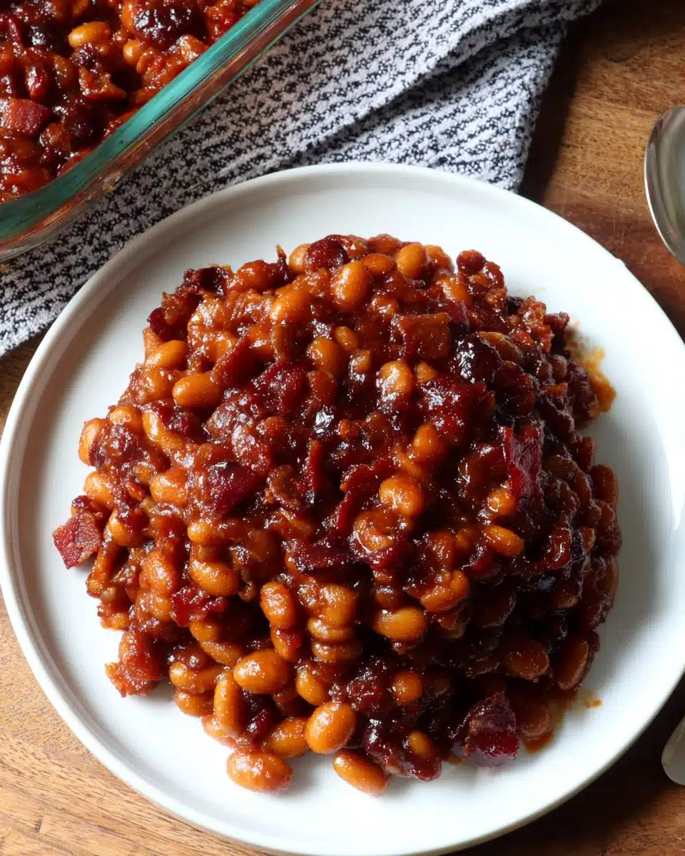 Homemade baked beans from scratch served on a white plate with glossy sauce
