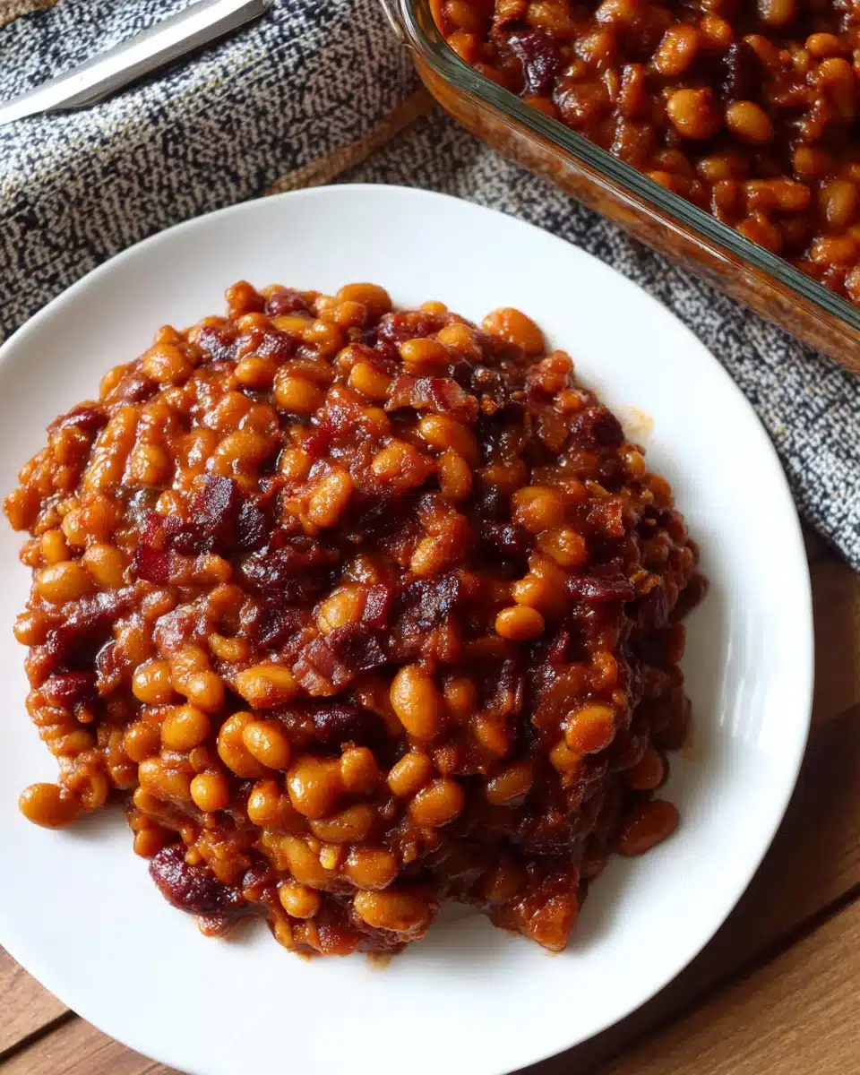 Homemade baked beans from scratch on a white plate with rich sauce