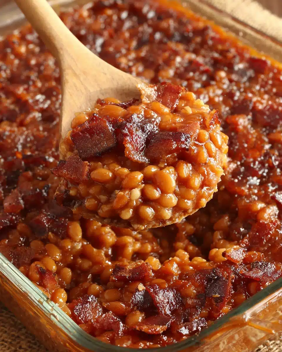 Homemade baked beans with bacon in a glass dish, served with a wooden spoon