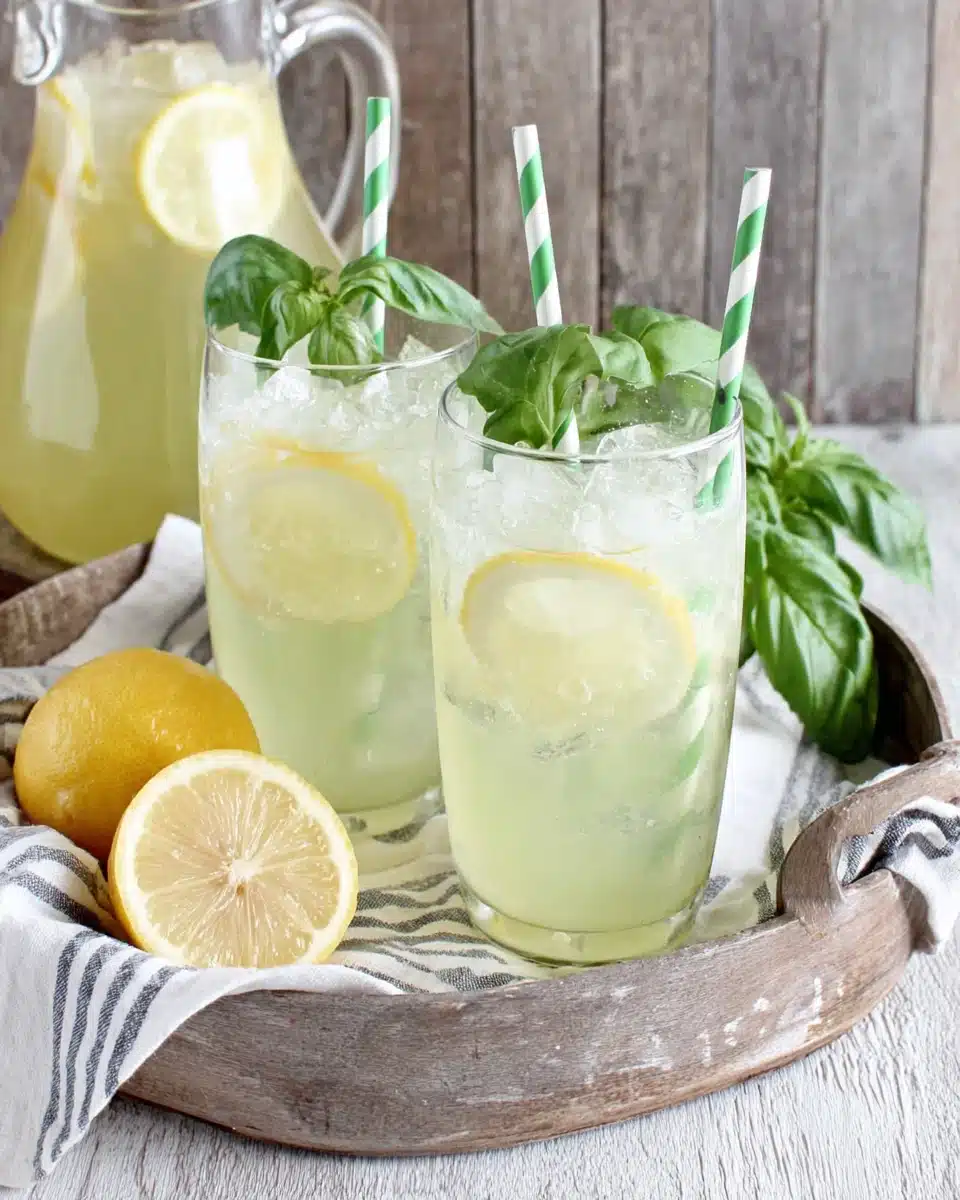 Two glasses of basil lemonade with lemon slices and basil garnish on a tray