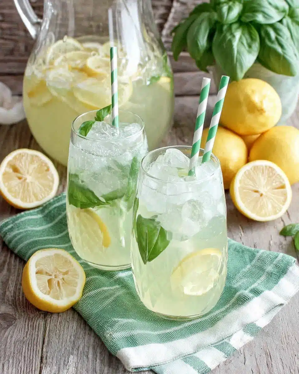 Two glasses of basil lemonade with lemon slices and basil garnish, served with striped straws