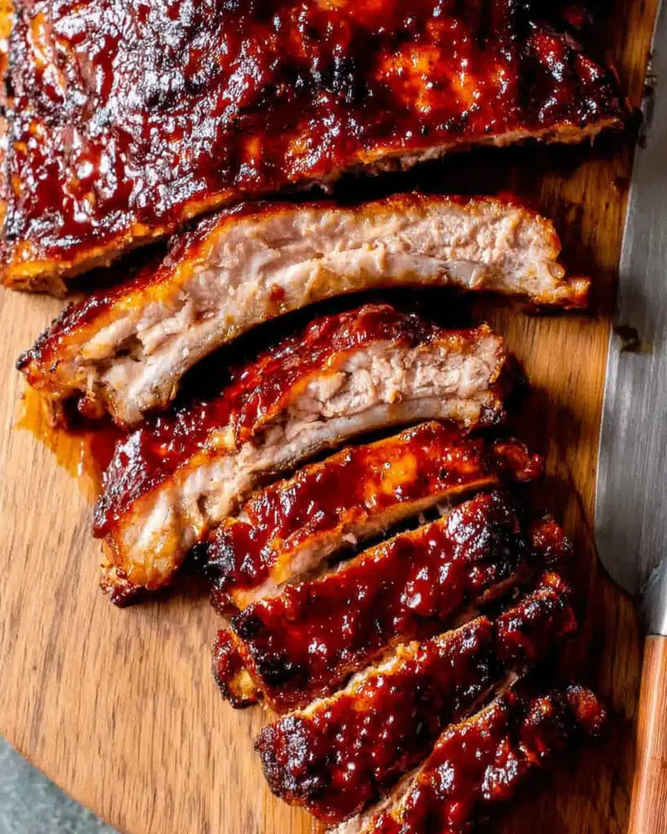 Perfectly Grilled BBQ Baby Back Ribs Sliced BBQ baby back ribs with smoky glaze on wooden board
