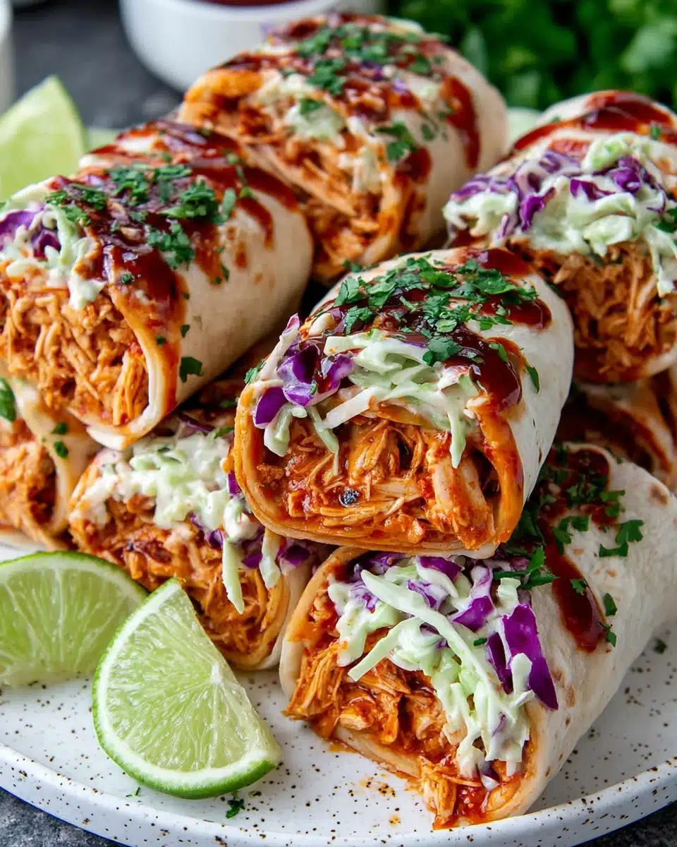 BBQ Chicken Coleslaw Wraps with Fresh Lime Garnish BBQ chicken coleslaw wraps on a plate with lime wedges