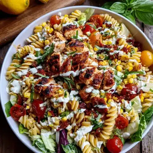 BBQ Chicken Ranch Pasta Salad: A Flavorful Delight 1 BBQ chicken ranch pasta salad with grilled chicken, pasta, vegetables, and creamy dressing