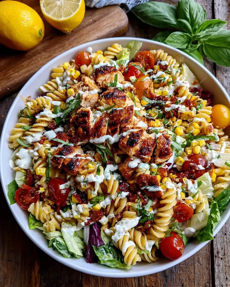 BBQ Chicken Ranch Pasta Salad with Grilled Chicken and Fresh Veggies BBQ chicken ranch pasta salad with grilled chicken, pasta, vegetables, and creamy dressing