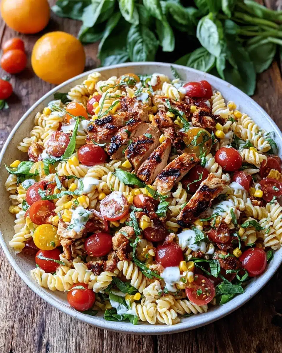 BBQ Chicken Ranch Pasta Salad with Grilled Chicken and Fresh Veggies BBQ chicken ranch pasta salad with grilled chicken, pasta, corn, and fresh herbs