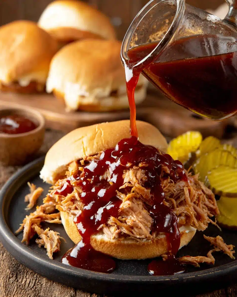 BBQ slow cooker pulled pork sandwich with sauce being drizzled on top