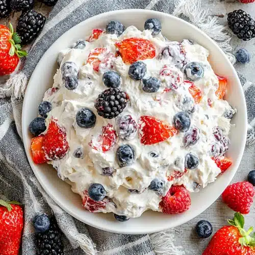 Berry cheesecake salad with fresh strawberries, blueberries, raspberries, and blackberries on a white plate.