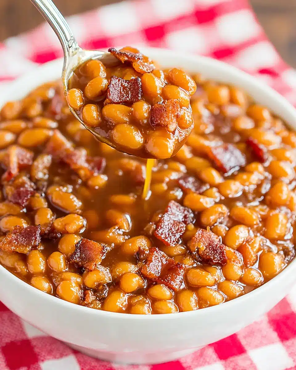 Best Baked Beans with Bacon and Brown Sugar Best baked beans with bacon and brown sugar in a white bowl on a checkered cloth