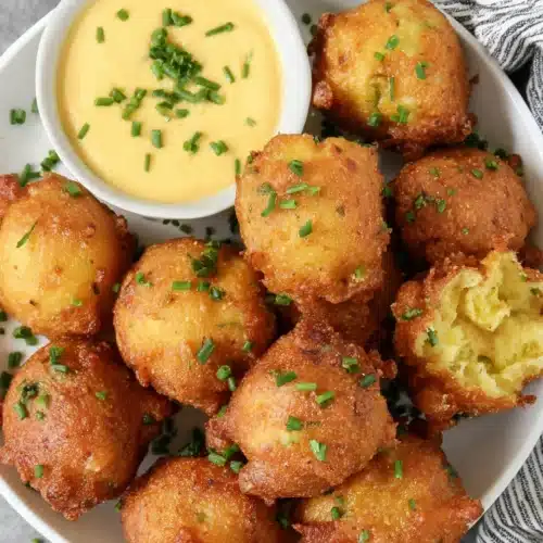The Best Hush Puppies: Crispy and Irresistible Treats 1 Crispy golden hush puppies with dipping sauce on a white plate