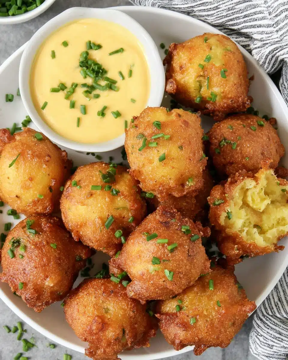 Best Hush Puppies Recipe with Dipping Sauce Crispy golden hush puppies with dipping sauce on a white plate