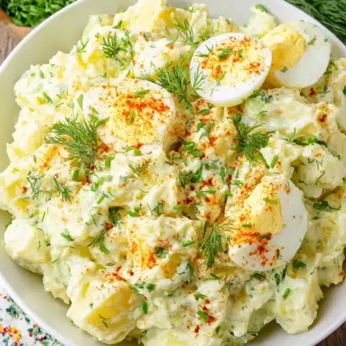 The Best Potato Salad with Boiled Eggs: A Delicious Delight 1 Creamy potato salad with boiled eggs, garnished with dill and paprika