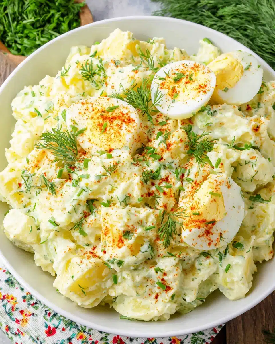 Best Potato Salad with Boiled Eggs Garnished with Dill Creamy potato salad with boiled eggs, garnished with dill and paprika