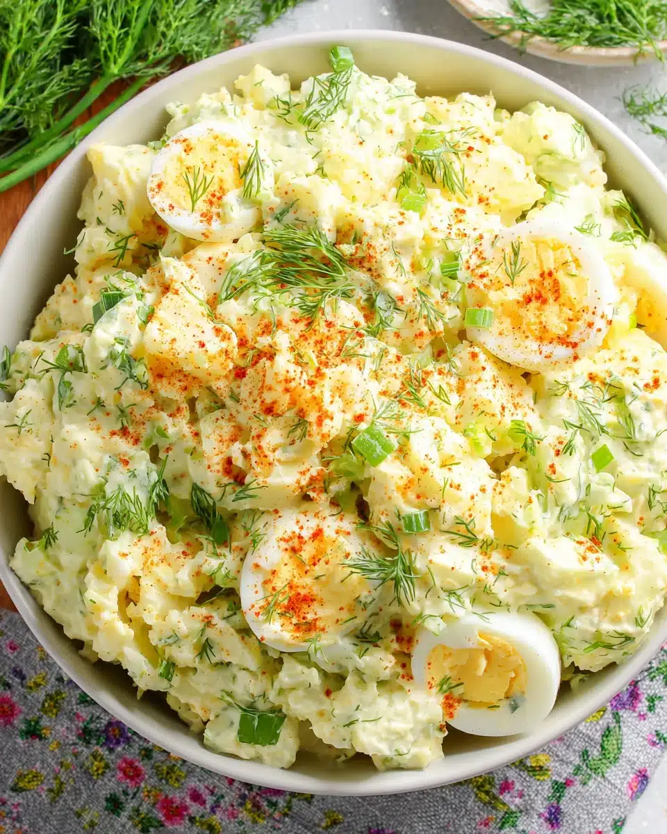 Best Potato Salad with Boiled Eggs Creamy best potato salad with boiled eggs, garnished with dill and paprika