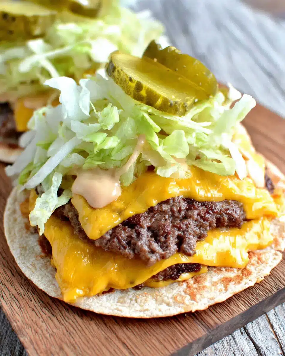 Keto Big Mac smash burger with cheese, pickles, and lettuce on a zero-carb tortilla