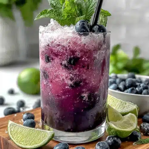 Easy Blueberry Agua Fresca: Refreshing Delight 1 Refreshing blueberry agua fresca in a glass with mint and lime garnish