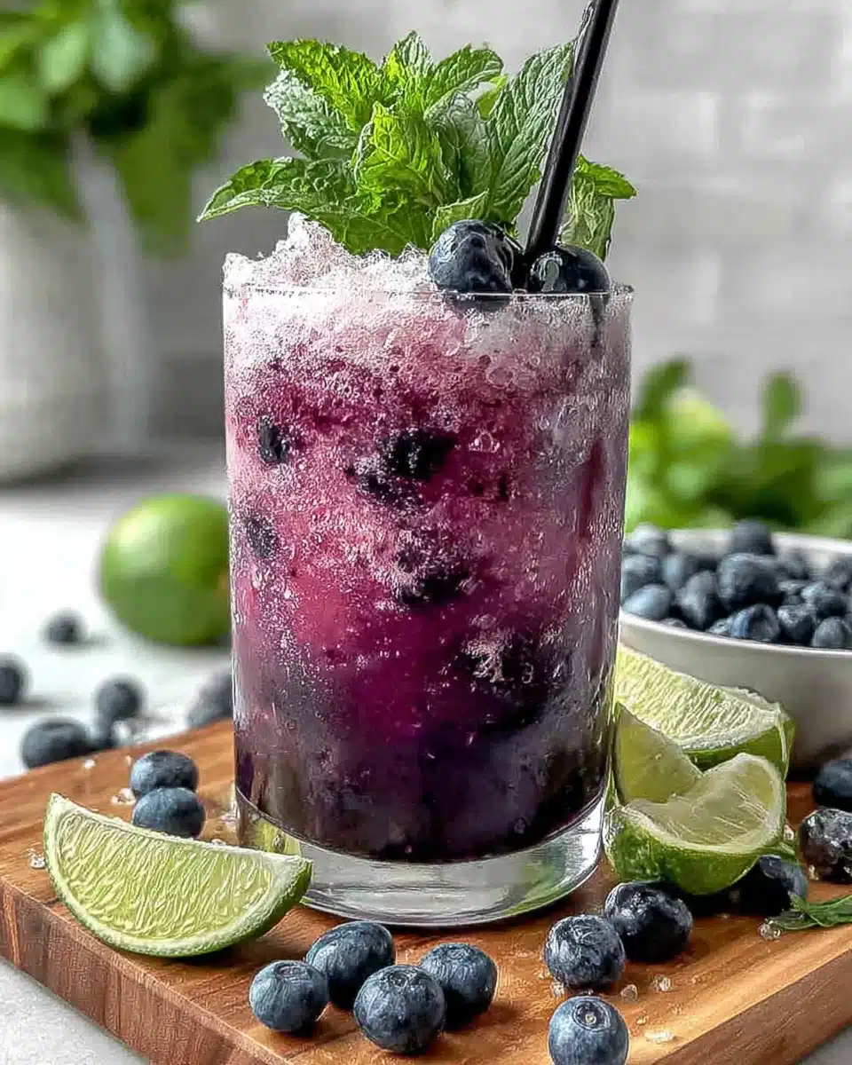Blueberry Agua Fresca with Fresh Mint and Lime Refreshing blueberry agua fresca in a glass with mint and lime garnish