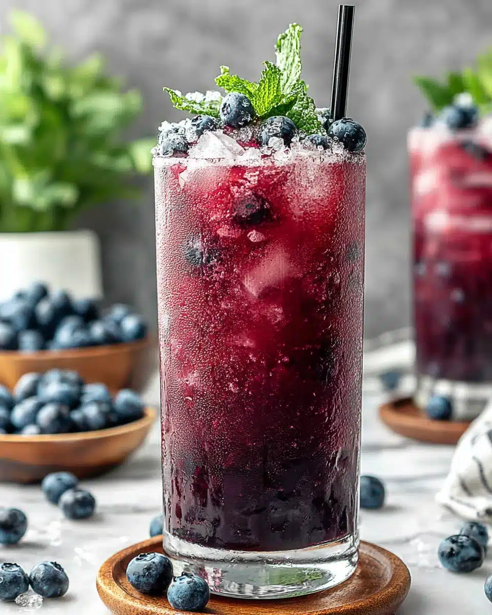 Refreshing Blueberry Agua Fresca with Mint Garnish Blueberry agua fresca in a glass with fresh mint and blueberries, served cold