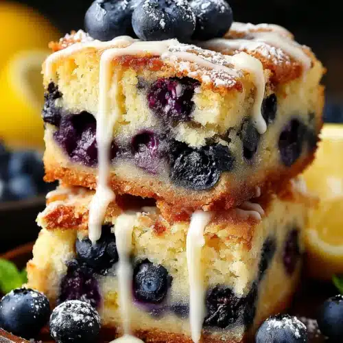 Blueberry blondies stacked with fresh berries and white glaze, golden crust, powdered sugar