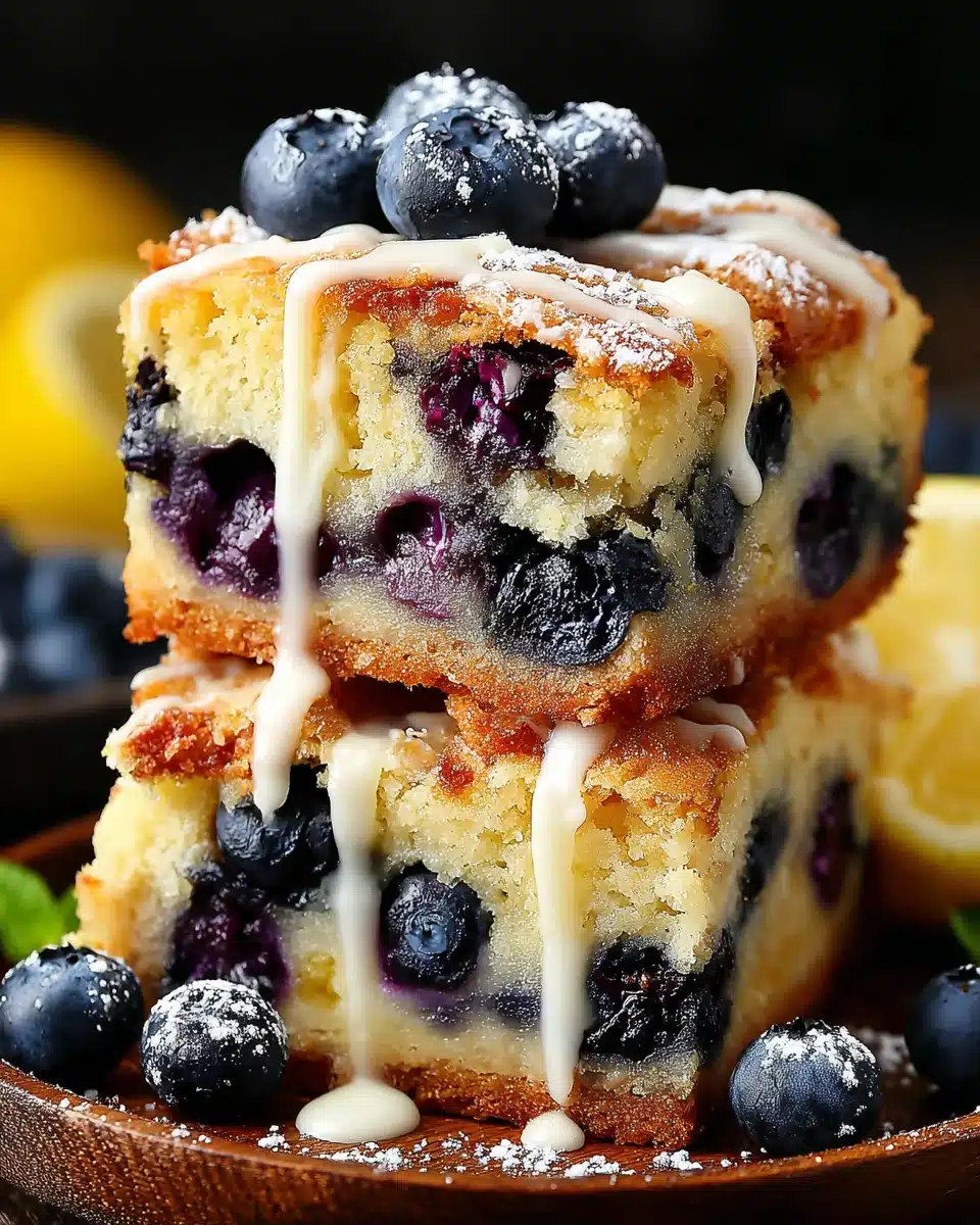 Blueberry blondies stacked with fresh berries and white glaze, golden crust, powdered sugar