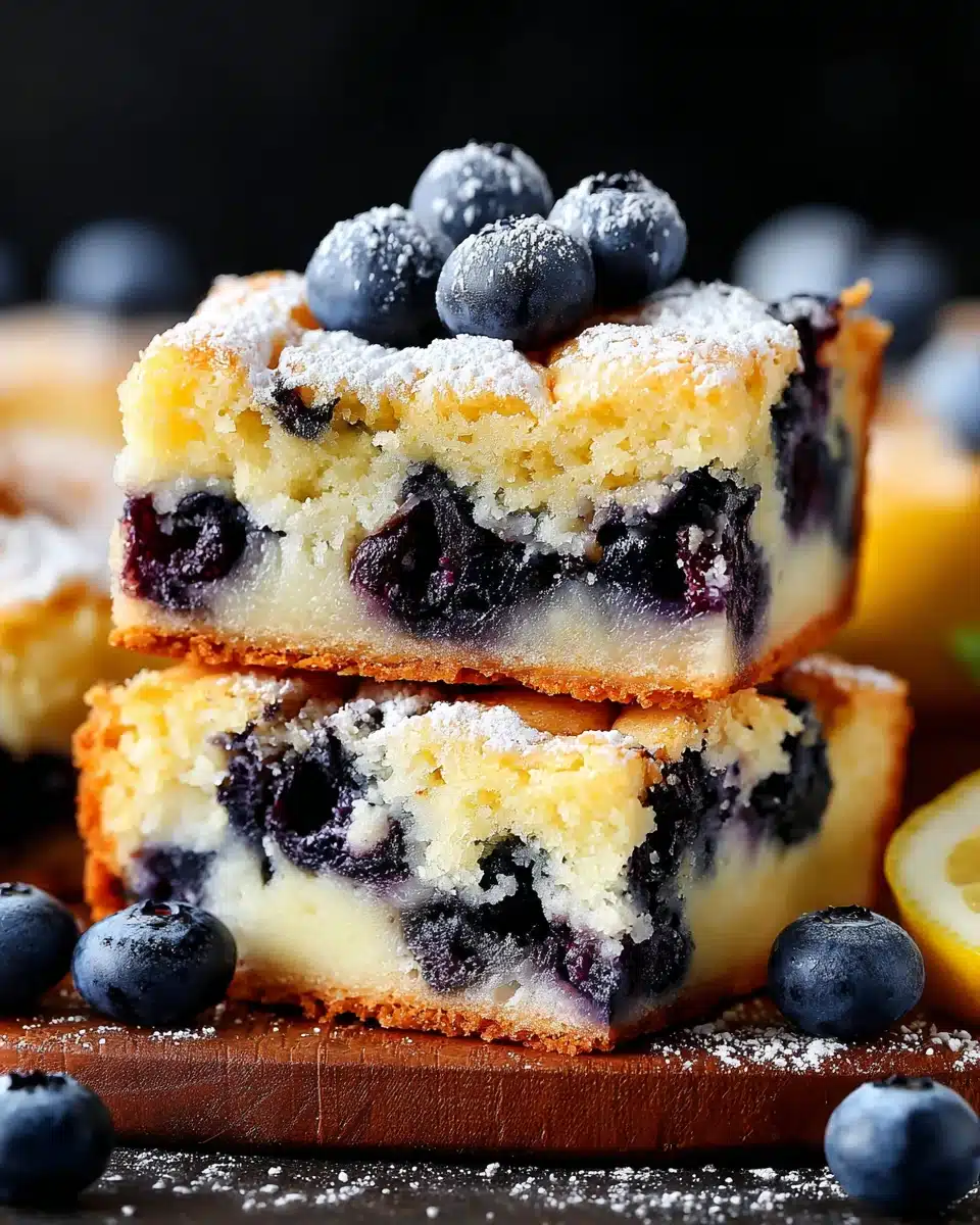 Stacked blueberry blondies with powdered sugar and fresh blueberries