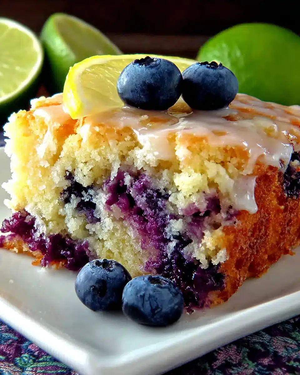 Blueberry Boyfriend Bait Cake with Lemon Glaze A slice of blueberry boyfriend bait cake with fresh blueberries and lemon glaze on a white plate