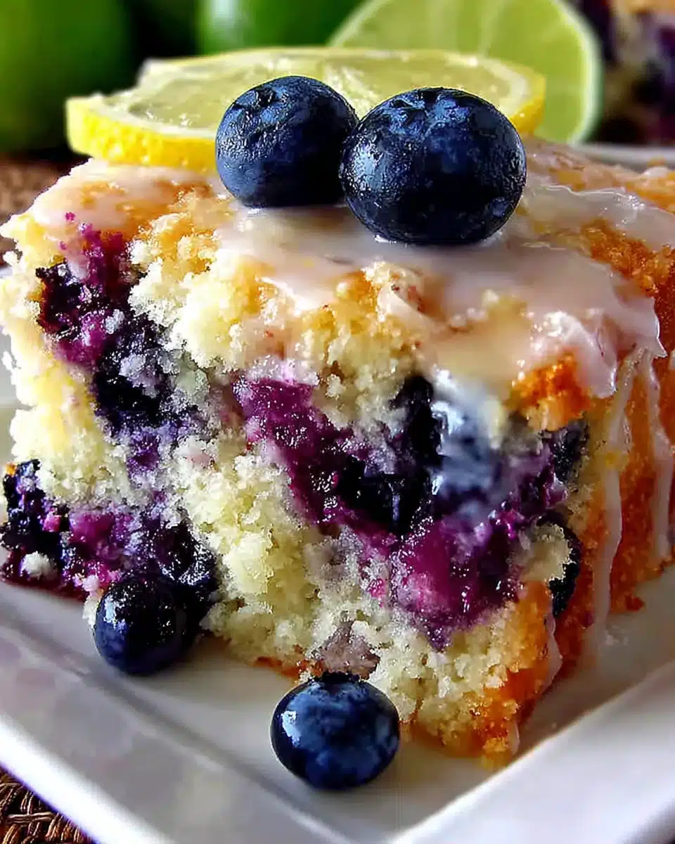 Blueberry Boyfriend Bait Cake with Lemon Glaze A slice of blueberry boyfriend bait cake with fresh blueberries on top