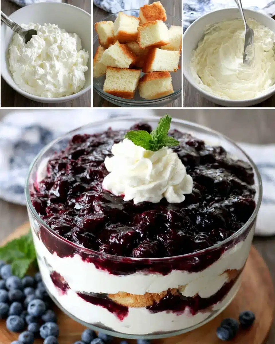 Blueberry Cheesecake Trifle Layering Process Blueberry cheesecake trifle layers with angel food cake, creamy filling, and blueberry topping in a glass bowl.