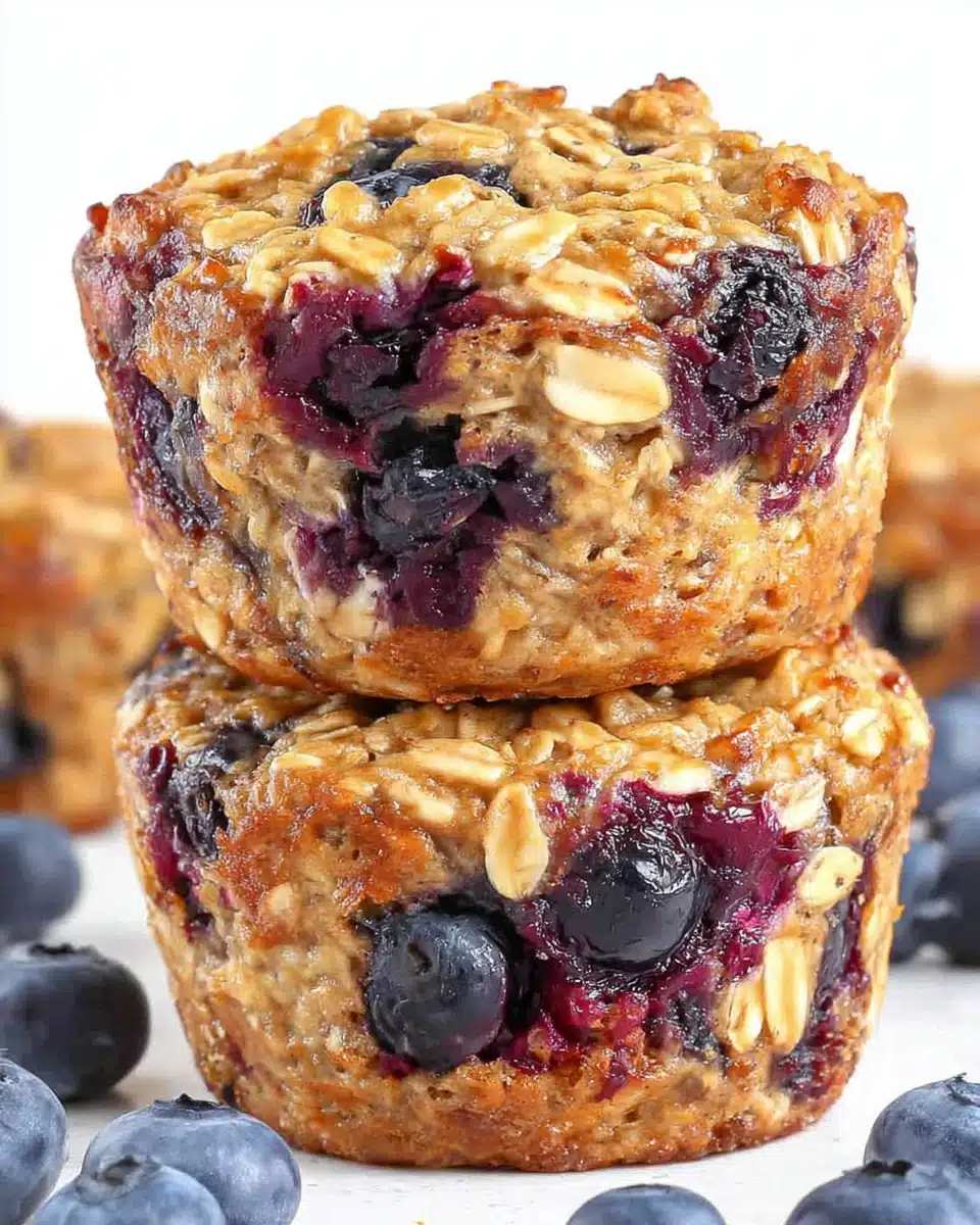 Stacked blueberry oatmeal muffins with fresh blueberries and golden crust