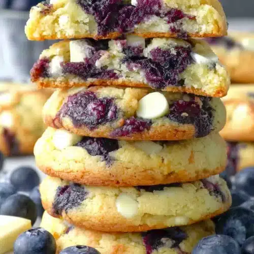 Stack of soft blueberry cookies with white chocolate and fresh blueberries