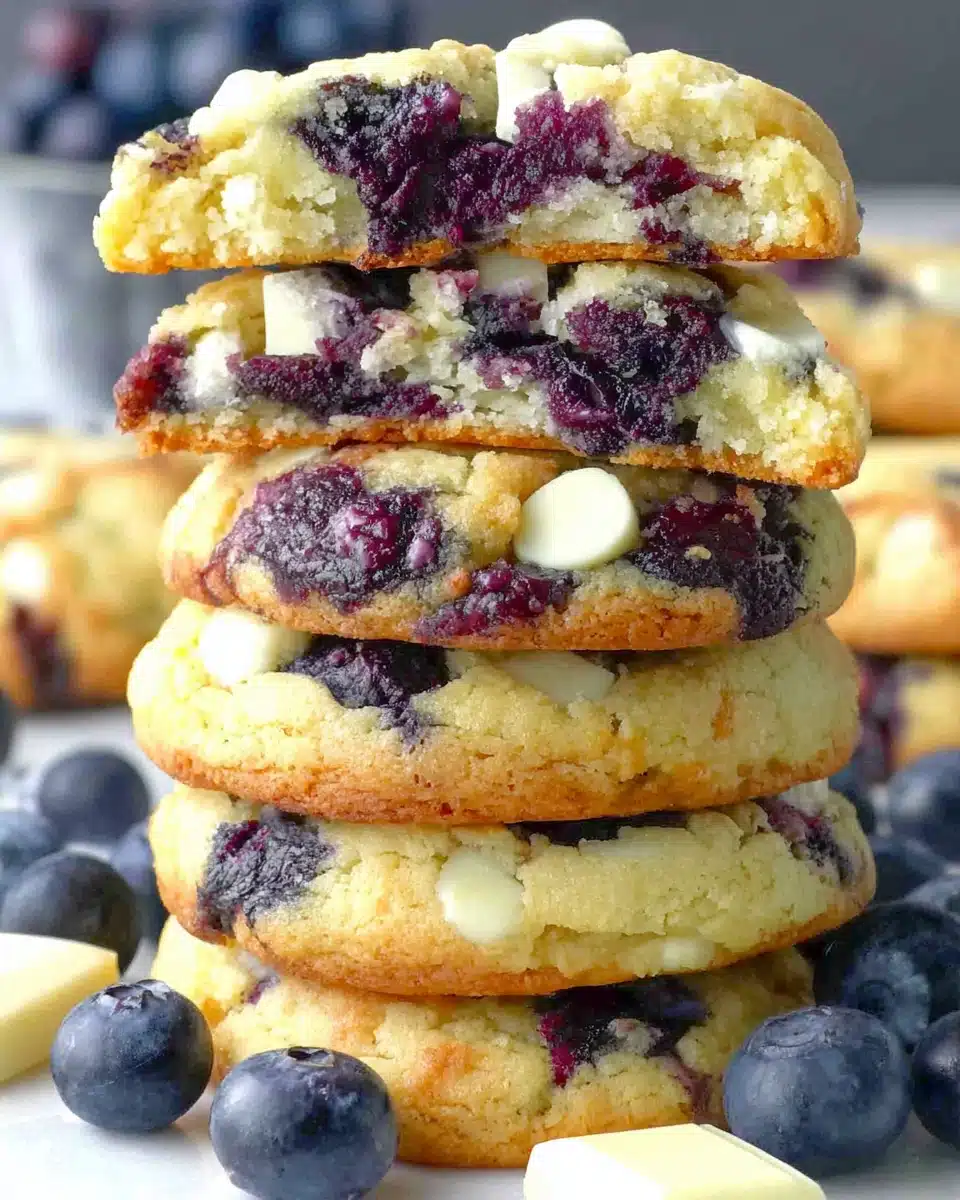 Stack of soft blueberry cookies with white chocolate and fresh blueberries