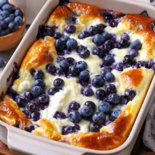 Blueberry cottage cheese breakfast bake in a dish, topped with fresh blueberries