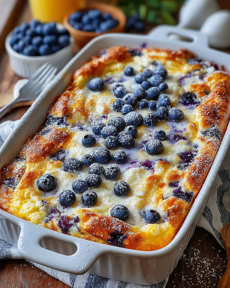 Blueberry cottage cheese breakfast bake in a white dish with fresh blueberries on top
