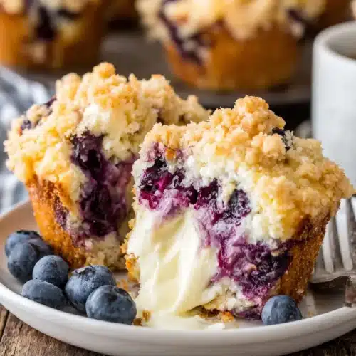 Blueberry Cream Cheese Muffins: Delightful and Easy 1 Blueberry cream cheese muffin with streusel topping and visible cream cheese filling